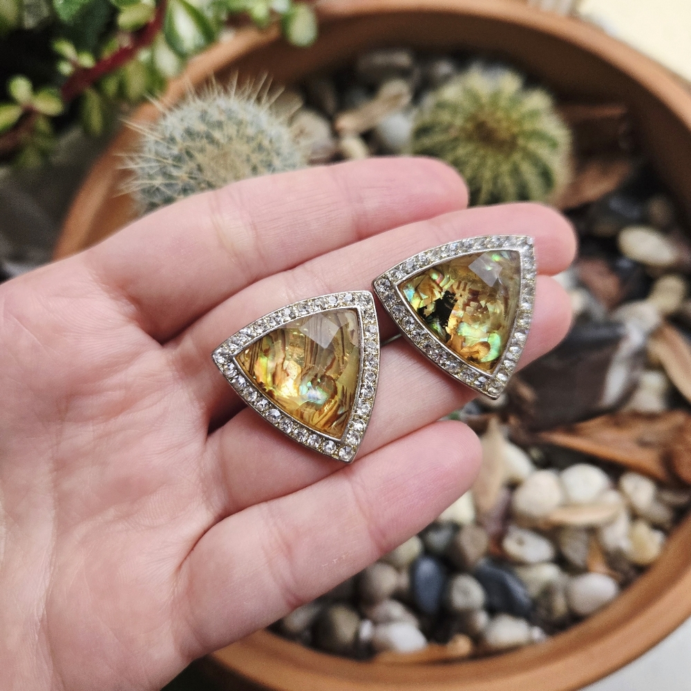 Vintage Pair of Abalone Cabachon Rhinestone Oversized Stud Stud Earrings